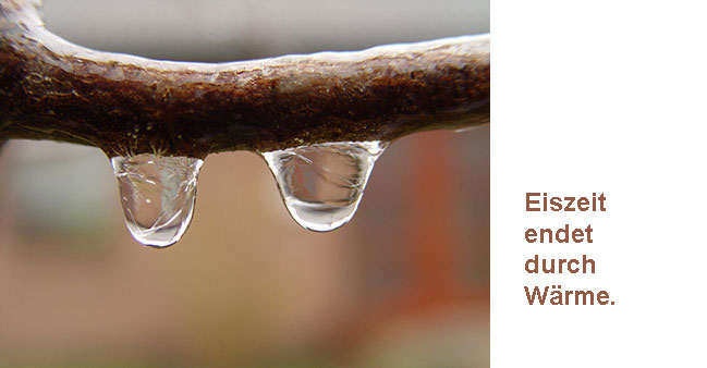Schmelzende Eistropfen mit Text:  Eiszeit endet durch W&auml;rme.