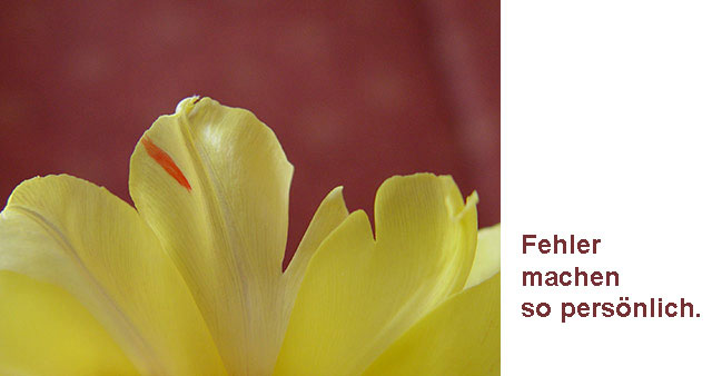 Bl&uuml;te mit kleinen Fehlern mit Text:  Fehler machen so pers&ouml;nlich.